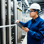 A professional adult environmental engineer, wearing a modest and professional work uniform, including a clean hard hat and safety glasses, standing in a modern, gleaming water treatment plant. Large stainless steel pipes, sophisticated control panels, and clean industrial equipment are visible in the background. The engineer is thoughtfully observing a complex digital display on a large screen, showing real-time water quality data. Photorealistic, professional photography, natural pose, perfect anatomy, correct proportions, well-formed hands, proper finger count, natural body proportions, safe for work, appropriate content, fully clothed, professional, modest, family-friendly.