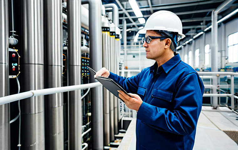 A professional adult environmental engineer, wearing a modest and professional work uniform, including a clean hard hat and safety glasses, standing in a modern, gleaming water treatment plant. Large stainless steel pipes, sophisticated control panels, and clean industrial equipment are visible in the background. The engineer is thoughtfully observing a complex digital display on a large screen, showing real-time water quality data. Photorealistic, professional photography, natural pose, perfect anatomy, correct proportions, well-formed hands, proper finger count, natural body proportions, safe for work, appropriate content, fully clothed, professional, modest, family-friendly.