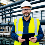**

A confident environmental engineer, fully clothed in professional attire, stands in front of a modern water treatment plant, holding a tablet displaying data. The background includes pipes, machinery, and a clean water reservoir. Perfect anatomy, correct proportions, well-formed hands, proper finger count, natural pose. Safe for work, appropriate content, fully clothed, professional. High quality, realistic.

**