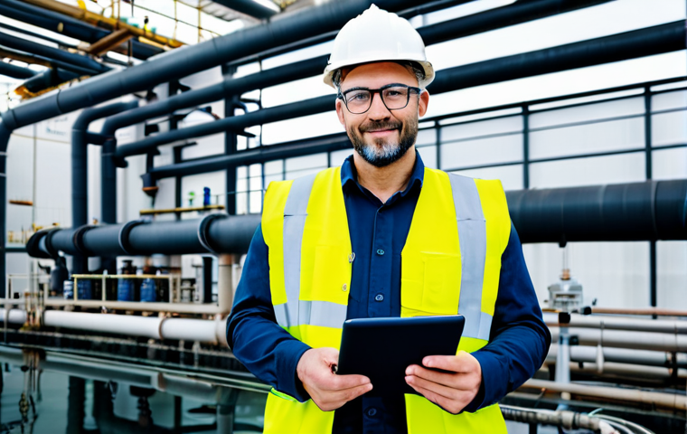 **
A confident environmental engineer, fully clothed in professional attire, stands in front of a modern water treatment plant, holding a tablet displaying data. The background includes pipes, machinery, and a clean water reservoir. Perfect anatomy, correct proportions, well-formed hands, proper finger count, natural pose. Safe for work, appropriate content, fully clothed, professional. High quality, realistic.
**