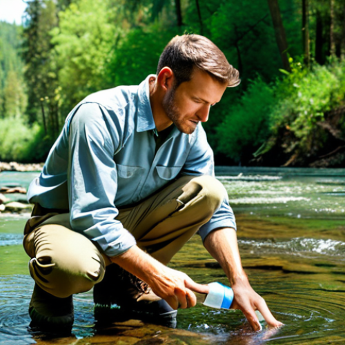 **

A professional environmental scientist, fully clothed in field attire (khaki pants, button-down shirt, work boots), collecting a water sample from a clear river. The scene is set in a lush, green forest with sunlight filtering through the trees. Focus on the scientist's concentration and the natural beauty of the environment. Safe for work, appropriate content, professional, family-friendly, perfect anatomy, natural pose.

**