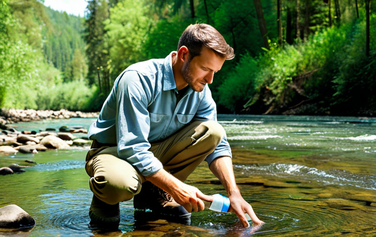 **
A professional environmental scientist, fully clothed in field attire (khaki pants, button-down shirt, work boots), collecting a water sample from a clear river. The scene is set in a lush, green forest with sunlight filtering through the trees. Focus on the scientist's concentration and the natural beauty of the environment. Safe for work, appropriate content, professional, family-friendly, perfect anatomy, natural pose.
**