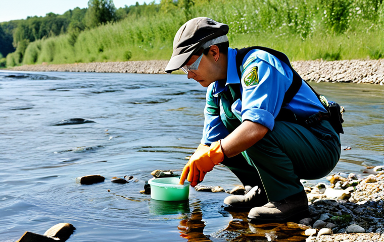 **
"A professional environmental officer, fully clothed in appropriate field attire, inspecting a water sample by a clean river, wearing safety glasses, natural pose, perfect anatomy, safe for work, appropriate content, professional, modest, family-friendly, clear sky, daytime, high quality."
**