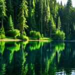 수질환경 분야 전문 서적 추천 - "A lush green forest reflecting in a crystal clear lake, with sunlight filtering through the trees. ...