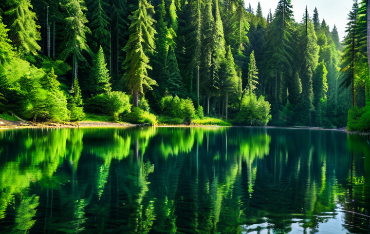 수질환경 분야 전문 서적 추천 - "A lush green forest reflecting in a crystal clear lake, with sunlight filtering through the trees. ...