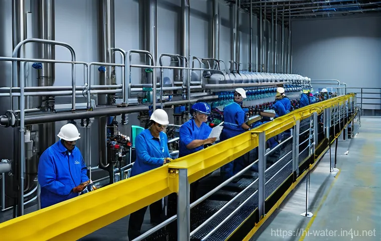 수질환경과 설계업무 이해하기 - **Prompt:** A diverse group of dedicated water engineers and technicians, men and women of various a...
