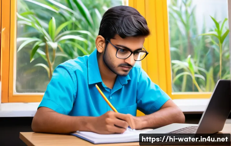 수질환경기사 시험 난이도 - A focused Indian student studying water chemistry and environmental science at a desk filled with te...