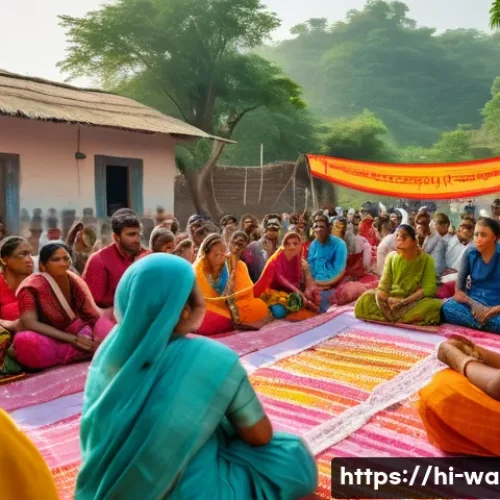 수질환경 업무에서의 커뮤니케이션 - A vibrant community meeting in a rural Indian village with diverse local people, including men and w...