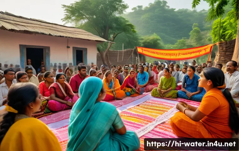 수질환경 업무에서의 커뮤니케이션 - A vibrant community meeting in a rural Indian village with diverse local people, including men and w...