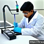 수질환경 실기시험 합격 비법 - A detailed laboratory scene showing a young Indian student wearing clean lab attire and protective g...