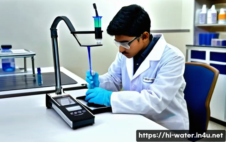 수질환경 실기시험 합격 비법 - A detailed laboratory scene showing a young Indian student wearing clean lab attire and protective g...