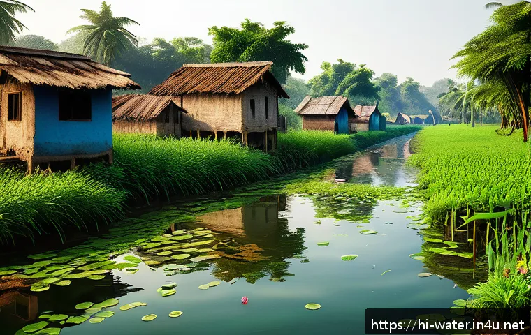 수질환경 분야 연구 동향 - A vibrant depiction of bioremediation in action at a serene Indian riverbank, showcasing diverse nat...