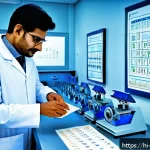 수질환경 분야 발전 가능성 - 001 microns, with scientific instruments and researchers in lab coats observing the process, emphasi...