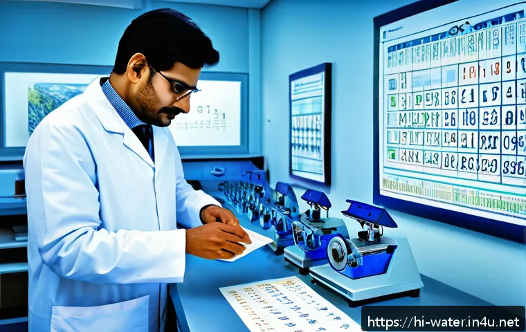 수질환경 분야 발전 가능성 - 001 microns, with scientific instruments and researchers in lab coats observing the process, emphasi...