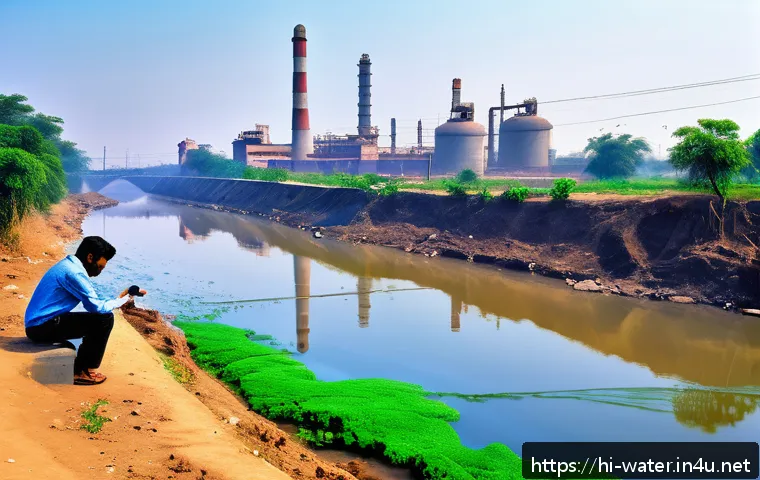 수질환경공학 기본 용어 정리 - A detailed scientific illustration of a water testing scene in an Indian urban environment, showing ...